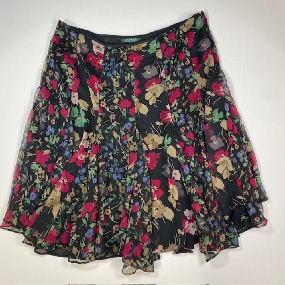 Lauren Ralph Lauren Floral Chiffon Skirt Black Red Blue‎ Size 16W Swing